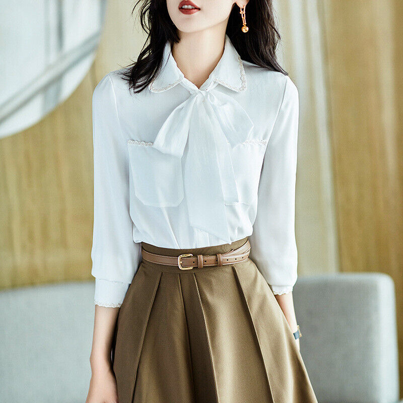 Womens Lapel Collar Bow Knot Long Sleeves White Shirt Womens Lapel Collar Bow Knot Long Sleeves White Shirt