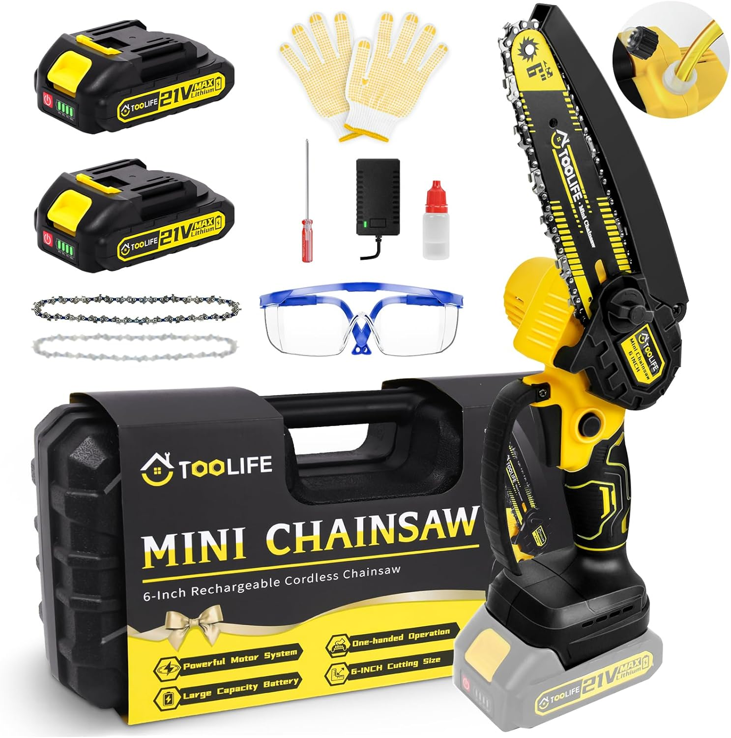6-Inch Cordless Mini Chainsaw with Auto Oiling & 2 Batteries