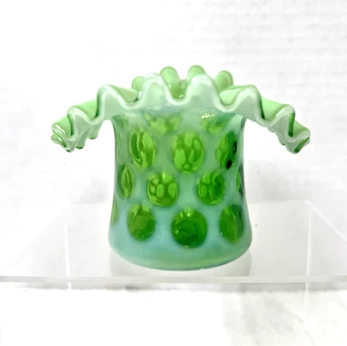 Vintage Fenton Green Opalescent Coin Dot Ruffled Art Glass Top Hat Vase 3 1/4"