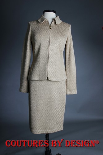 St John Knits Herringbone Gold Studded Skirt Suit Sz 4/P NWT MSRP $2440