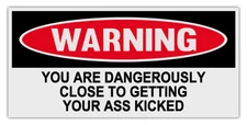 Funny Warning Bumper Stickers: YOU ARE DANGEROUSLY CLOSE TO GETTING ASS KICKED
