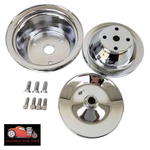 Chrome Pulley Set For Small Block Chevy – Long Water Pump, Crank, PS – 1 Groove SBC
