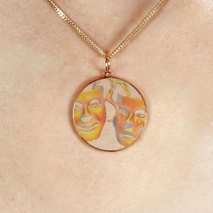 9ct Gold Hologram Pendant - Theatre Acting Masks (Small) +  20"" Chain