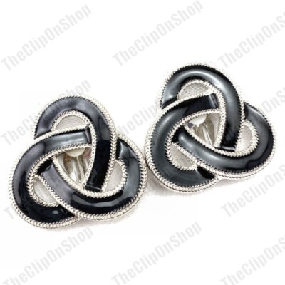 CLIP ON GROSS 4 cm RETRO SCHWARZ EMAILLE Metall KELTISCHER KNOTEN große OHRRINGE SILBERTON
