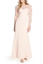 NEW ELIZA J EMBROIDED BODICE BLUSH LONG SLEEVE CREPE LONG DRESS SIZE 10 $249