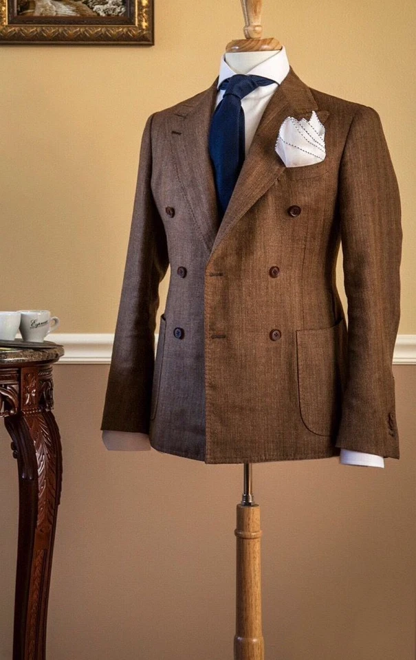 Brown Linen Men's Suits Peak Lapel Double Breasted Formal Wedding Tuxedos Prom - Image 2 of 4