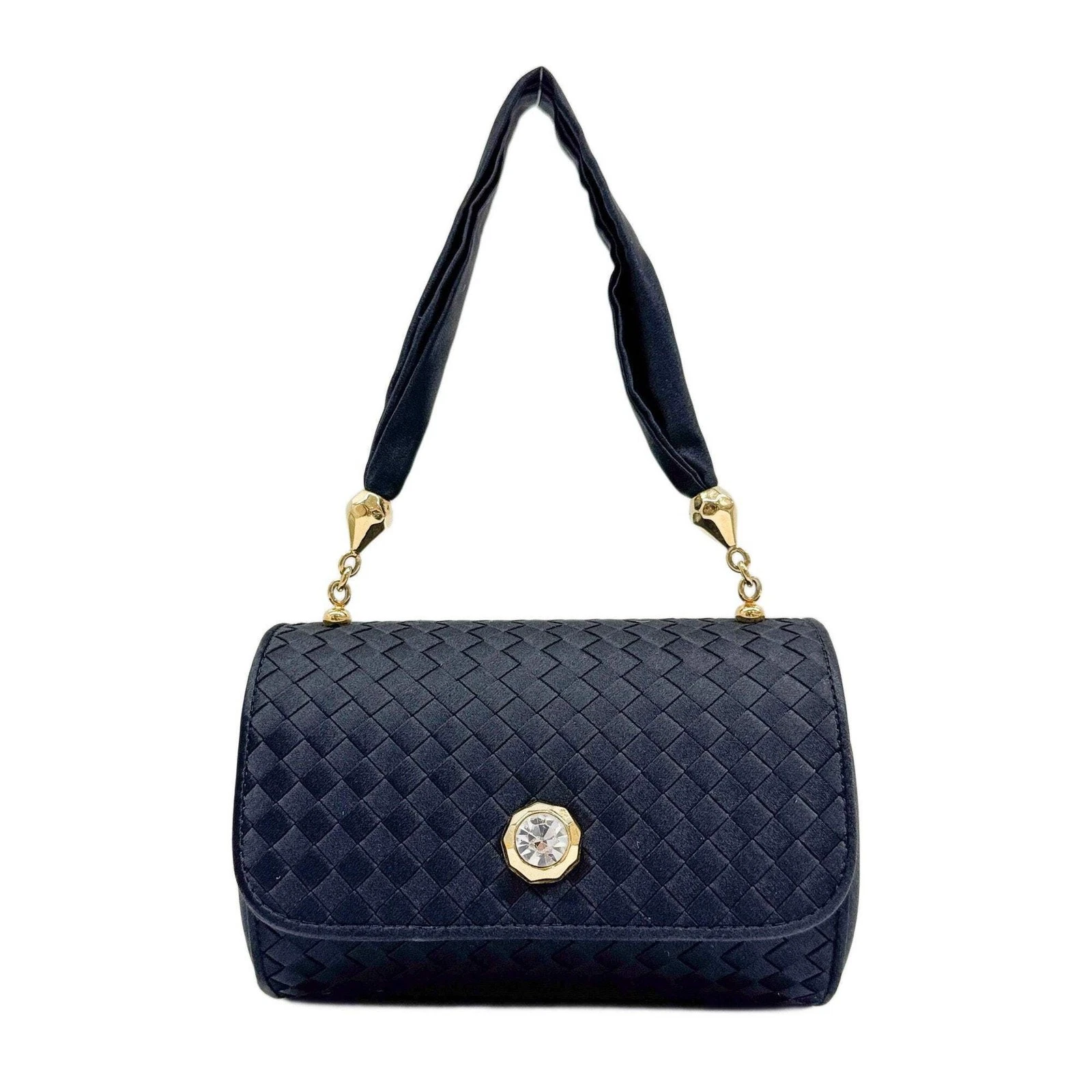 Bottega Veneta — BOTTEGA VENETA Intrecciato Black Satin Cylindrical Hand Bag