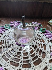 Vintage Clear Art Glass Apple Paperweight Brass/Bronze Tone Stem And Leaf...