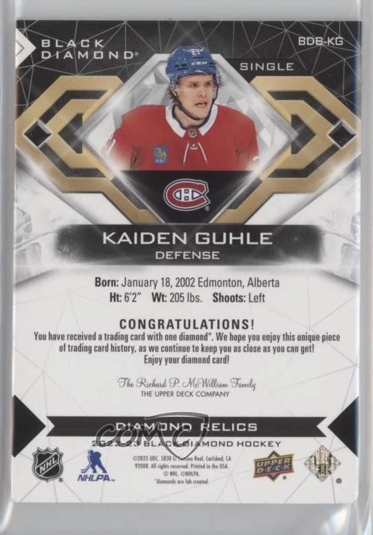 2022 Upper Deck Black Diamond Rookies Relics /5 Kaiden Guhle #BDB-KG Rookie RC - Image 2 of 2