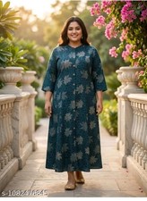 Women Plus Size Dark Blue Cotton Blend Golden Print A Line Kurta 3XL-8XL