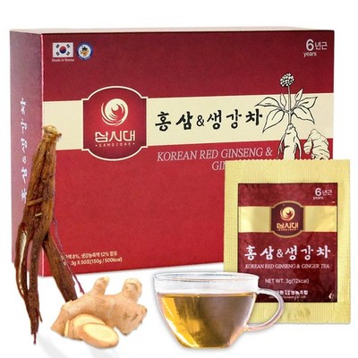 Korean Panax Red Ginseng with Ginger Tea, Box of 50 Bags, Supports Circulatio...