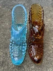 Fenton Hobnail Pair Cat Head Glass Slippers Blue/Amber 1962