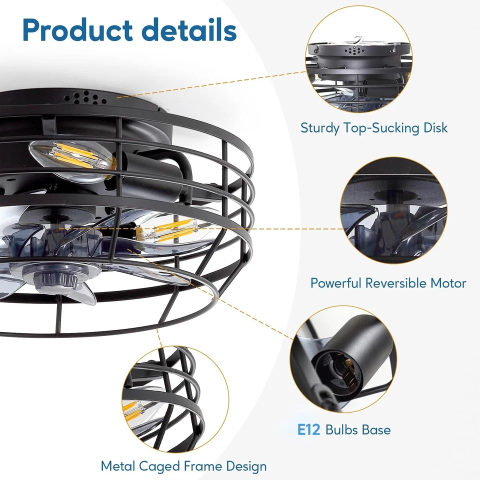 Farmhouse Caged Ceiling Fan with Light, Bladeless Flush Mount Fan Lights Ceil... - Image 2 of 4