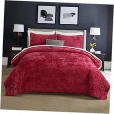 Velvet Bedspread Quilt Bedding Sets,Luxury Elegant Queen 90 by98inch Burgundy