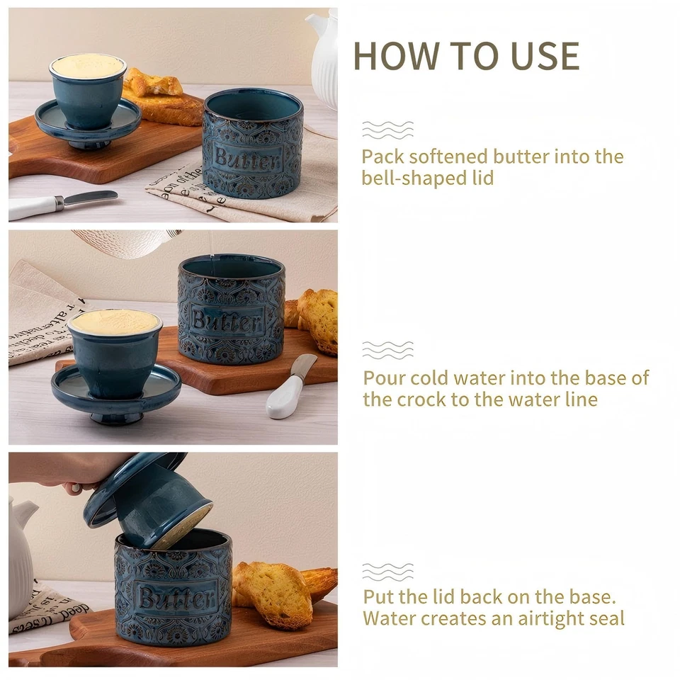 Vaso de mantequilla de cerámica con tapa, plato de mantequilla francés con línea de agua para mostrador... Foto 4 de 4