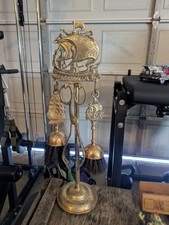 Vintage Mosiężny zestaw kominkowy Companion | Statek Morski wzór | Antyk