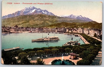 Luzern Promenade & Pilatus Switzerland Vintage Postcard Photoglob Zurich C487
