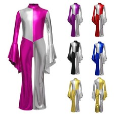 Girls Color Block Metallic Jumpsuit Dance Costume Hippie 70s Disco Fancy Dress
