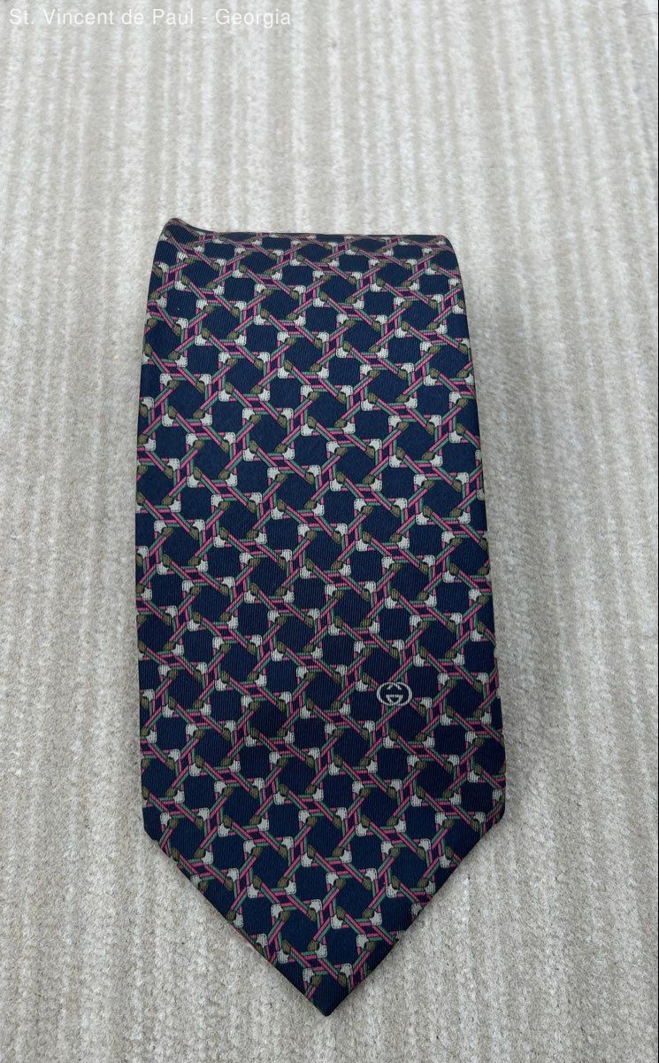 Vintage Gucci 100% SIlk Navy Blue Multicolor Geometric Design Tie