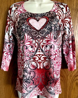 Style & Co Hearts Sublimation Top Multicolor Scoop Neck 3/4 Sleeve Women's Sz PL