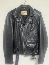 Perfecto Schott NYC Black Leather Rider Jacket with Zipper Pockets & Belt