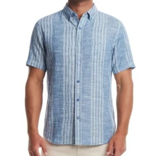 WEATHERPROOF VINTAGE Blue Stripe Linen Blend Shirt Mens L Woven Short Sleeve NWT