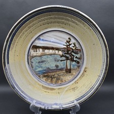 Studio Stoneware Art Pottery Bowl Wall Plate Rustic Landscape Artist Signed 16"
