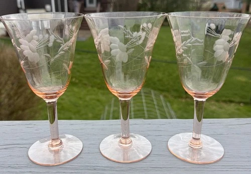 3 Antique Pink Depression Glass EtchedWine Glasses, etched floral design VTG