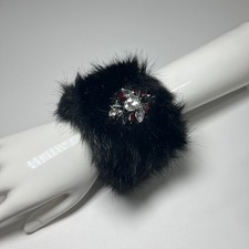 INC International Concepts Black Faux Fur Rhinestone Jewel Cuffs Wristlets New