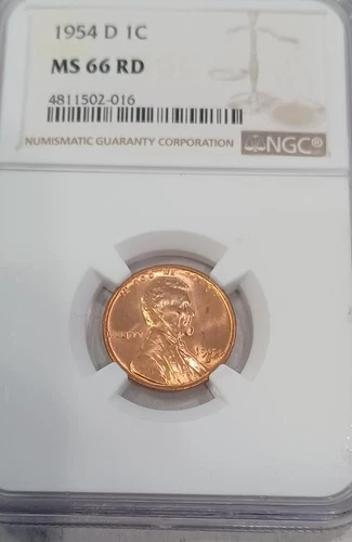1954-D U.S. Lincoln Wheat Cent Certified by NGC MS 66 RD, Very Nice