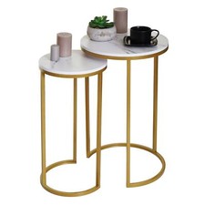 B-Ware 2er-Set Beistelltisch MCW-K46, Loungetisch, Marmor-Optik MDF weiß-gold