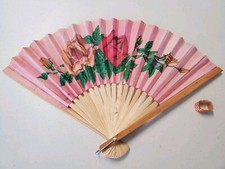 Vintage 1970's Asian Hand Held Fan Paper And Bamboo Taiwan