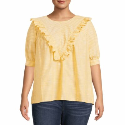 Terra & Sky Women's Plus 3X Light Cotton BLOUSE TOP Short Sleeve Ruffle NEW