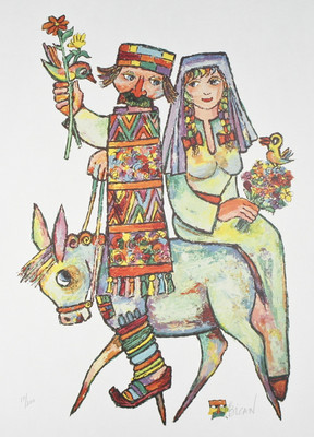 Jovan Obican Couple on Donkey Lithografie Druck, Signiert, Limited, 300 Ex.