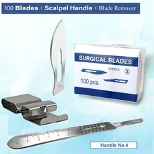 100Sterile Blades #24 + Metal Handle #4+ Blade Remover For Surgery Craft Triming