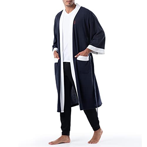 Men's Waffle Knit Kimono Robe Navy One Size - Picture 6 of 6