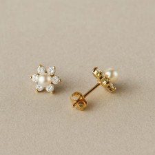 14K Yellow Gold Pearl  CZ Flower Stud Earrings Dainty Floral Design Women Girls