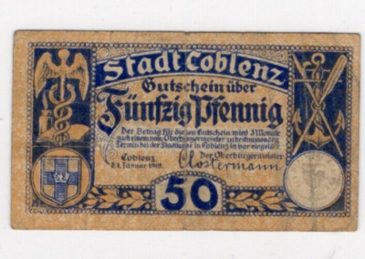 1919 Pfennig 50 WWI Germany Stadt Coblenz Funfzig Circulated F01 ...
