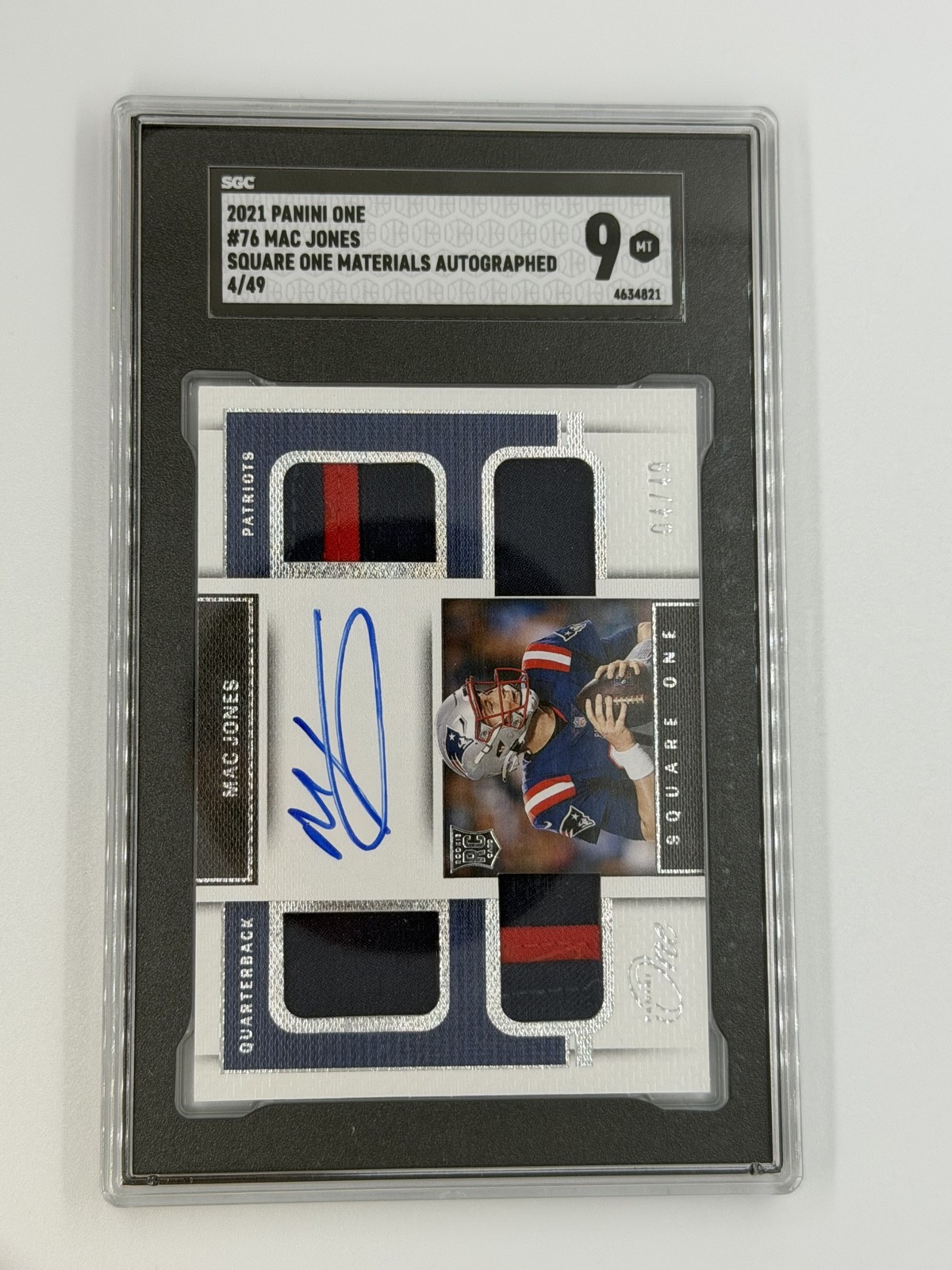 2021 Panini One Mac Jones RC Square One Quad Patch Auto /49 SGC 9 RPA #76 view 1