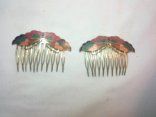 2 Cloisonn  Enamel On Metal Hair Combs Gold Tone Floral Butterfly Barrette