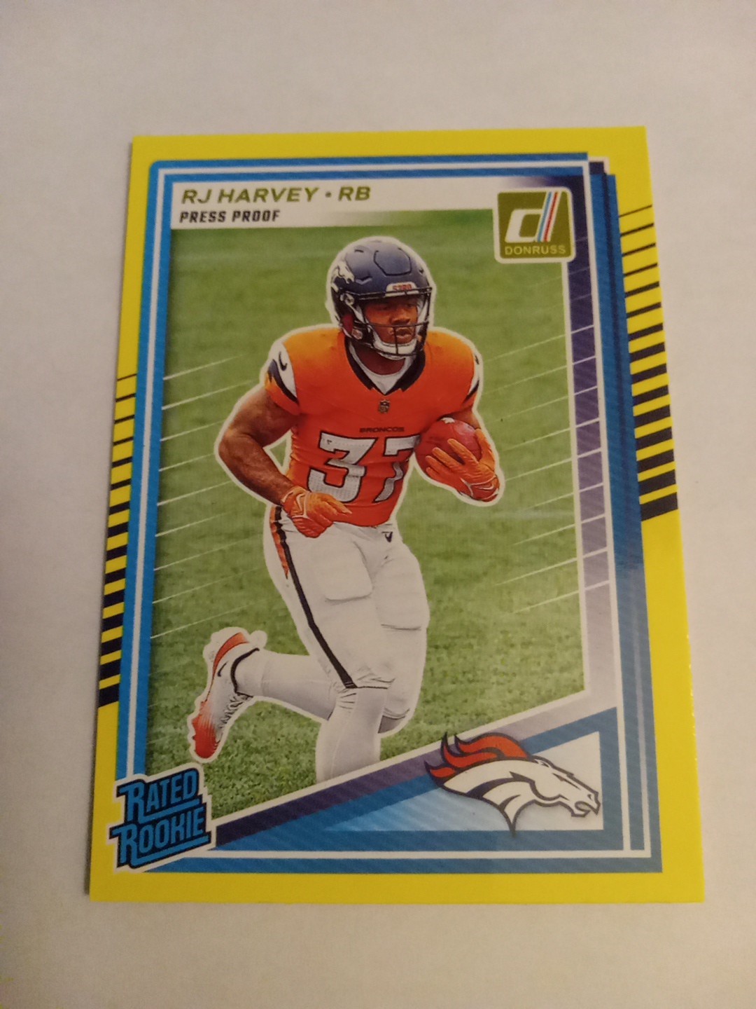 2025 Panini Donruss Rated Rookie Yellow Press Proof RJ Harvey RC- Denver Broncos