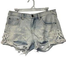 Free People Women's Denim Shorts Bleach Wash Distressed Lace Accents Size 28