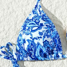 Blue White Porcelain Printing Halter String Triangle Two Piece Bikini Swimsui G1