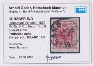 =Lomb. & V. Mi.Nr.3 Xc (dunkelkarmin) gest. (Milano) Befund BPP einwandfrei!=