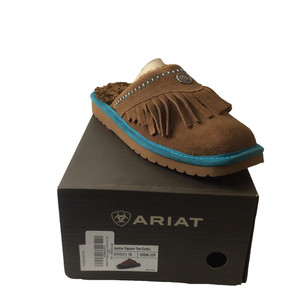ARIAT Womens Jackie Suede Leather Slippers Plush Collar Fringe Brown Size 10 New
