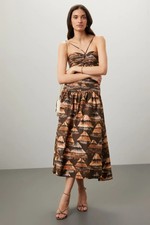 NWT $285 Farm Rio Brown Shuhu Halter Midi Dress M