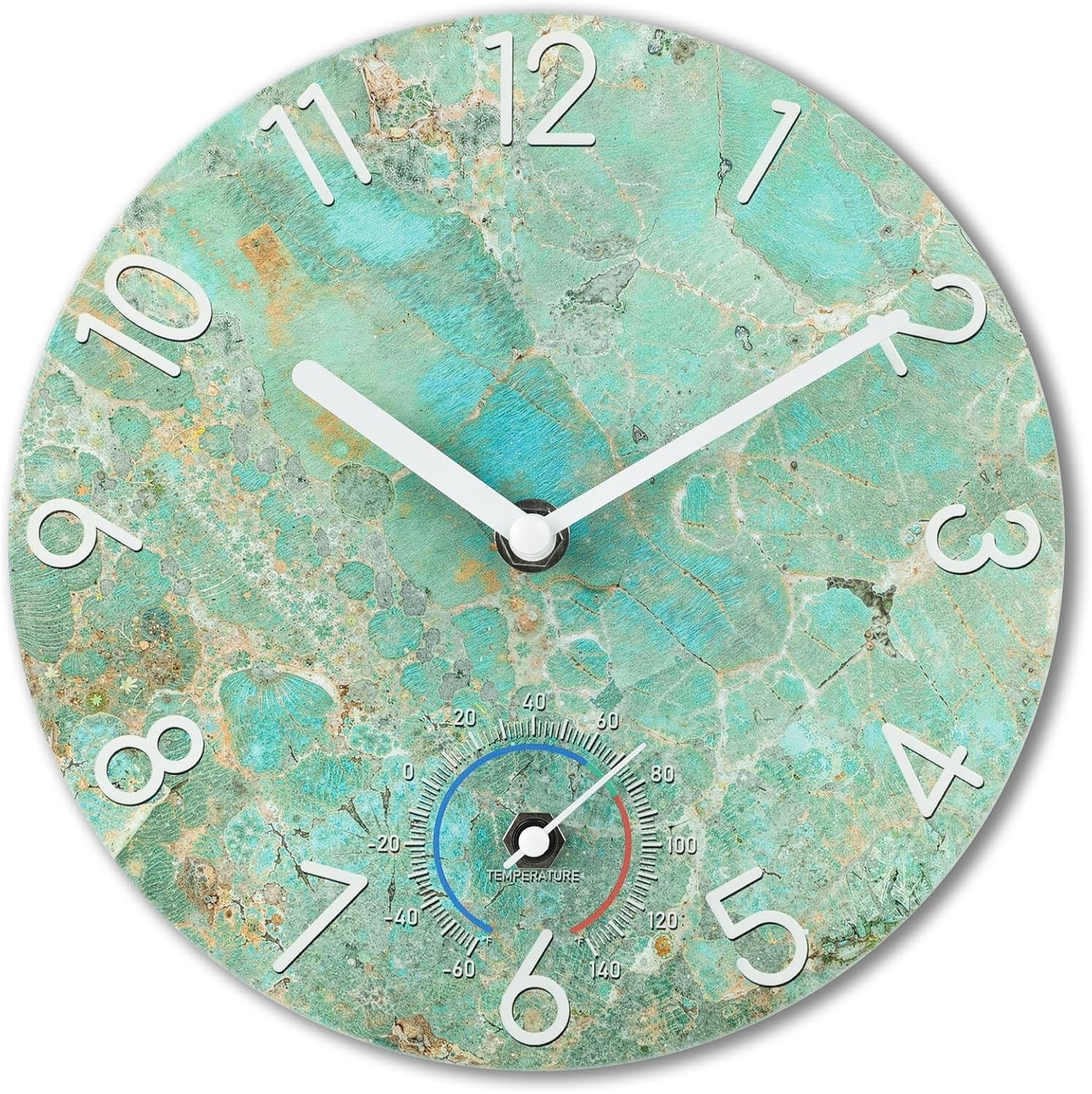 8" Teal Waterproof Outdoor Clock with Thermometer - Silent B