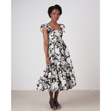 Cara Cara Darby Black White Floral Cotton Ruffle Sleeve Tiered Midi Dress XS