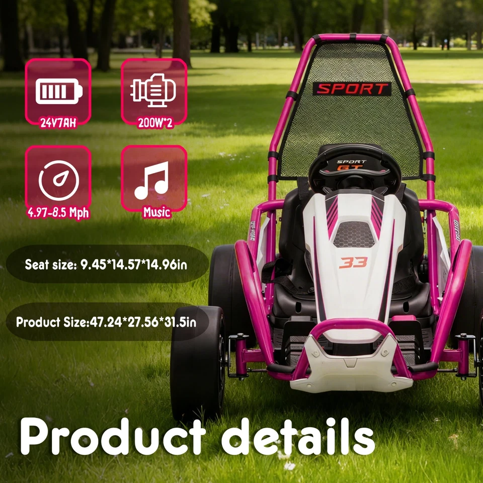 24V Kids Electric Go Kart 7AH Electric Drift Kart Car for Age 6+,400W Motor,Pink - Image 2 of 4