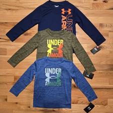 Under Armour Boys Lot Of 3 Long Sleeve Logo Shirts Size 4 Blue Green Navy NEW